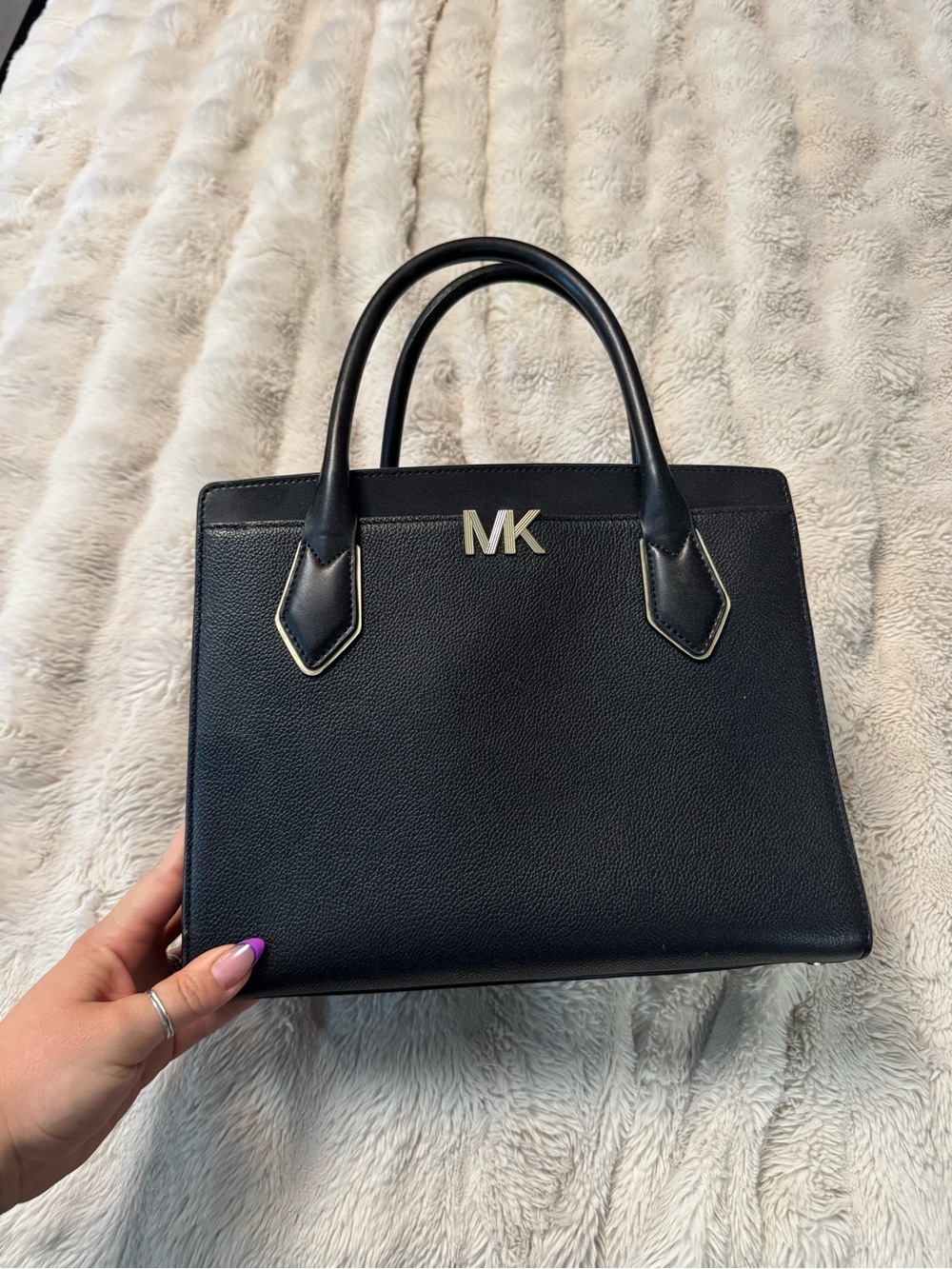Michael Kors Black Leather Satchel with Gold MK Logo